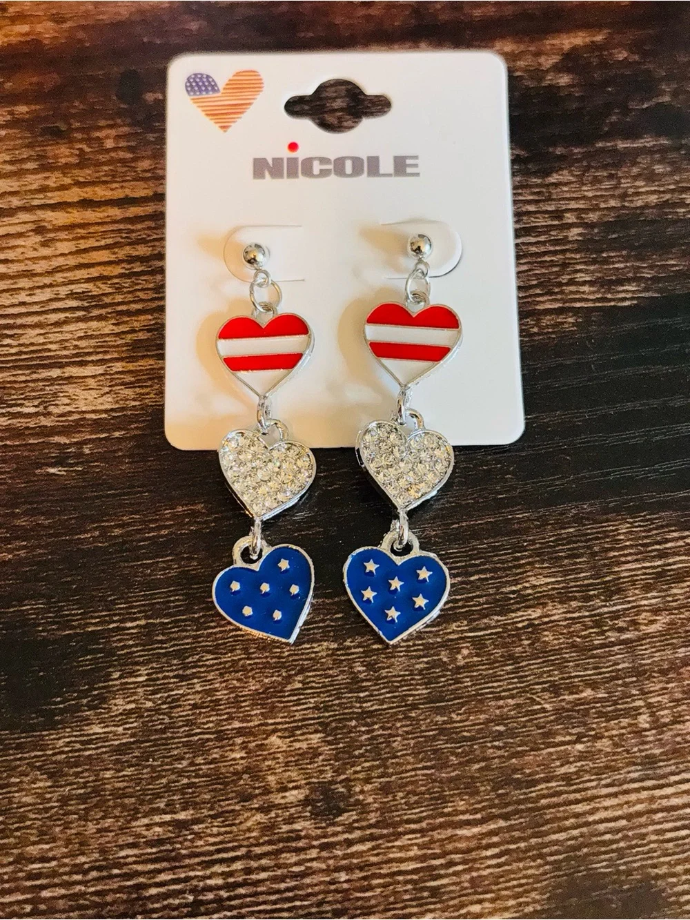 Nicole Red, White & Blue Triple Heart Drop Earrings in Silver Tone